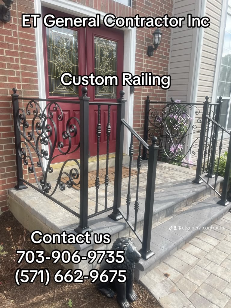Custom wrought iron railing on paver front steps by E.T. General Contractor